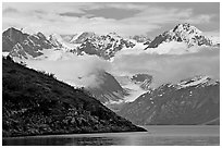 Peaks of Fairweather range with clearing clouds. Glacier Bay National Park, Alaska, USA. (black and white)