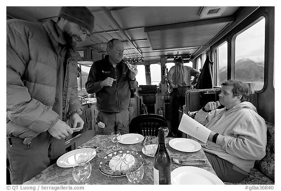 Appetizer served in the main cabin of the Kahsteen. Glacier Bay National Park (black and white)