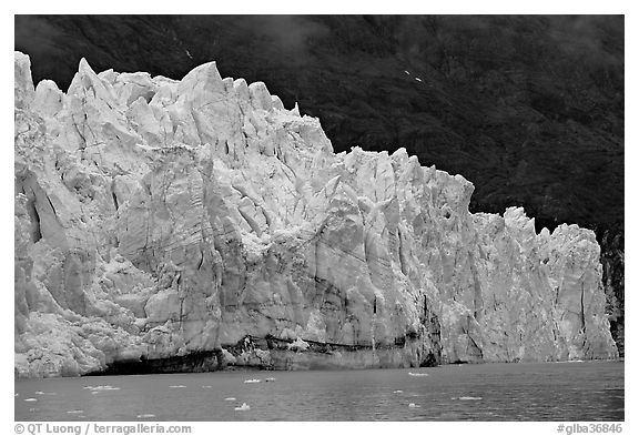 Front of Margerie Glacier against dark mountainside. Glacier Bay National Park, Alaska, USA.
