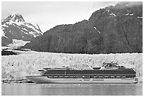 Cruise ship stopping next to Margerie Glacier. Glacier Bay National Park, Alaska, USA. (black and white)