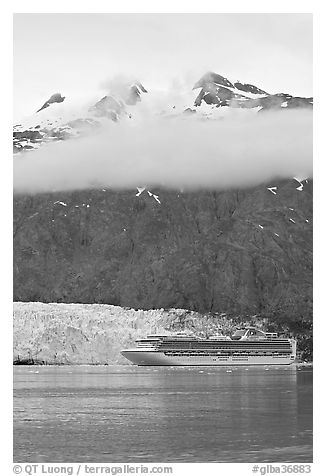 Cruise ship and Margerie Glacier at the base of Mt Forde. Glacier Bay National Park (black and white)