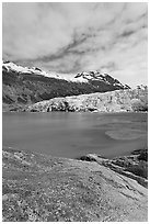 Reid Inlet and Reid Glacier terminus. Glacier Bay National Park, Alaska, USA. (black and white)