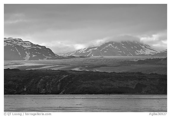 Grand Pacific Glacier glowing the the late afternoon light. Glacier Bay National Park (black and white)