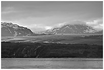 Grand Pacific Glacier glowing the the late afternoon light. Glacier Bay National Park, Alaska, USA. (black and white)