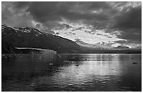 Mount Forde, Margerie Glacier, Mount Eliza, Grand Pacific Glacier, at sunset. Glacier Bay National Park, Alaska, USA. (black and white)
