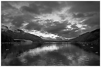 Mount Forde, Margerie Glacier, Mount Eliza, Grand Pacific Glacier, and Tarr Inlet, cloudy sunset. Glacier Bay National Park, Alaska, USA. (black and white)