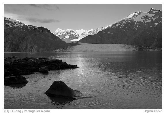 Mount Fairweather, Margerie Glacier, Mount Forde, and Tarr Inlet, early morning. Glacier Bay National Park (black and white)