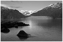 Mount Fairweather, Margerie Glacier, Mount Forde, and Tarr Inlet, early morning. Glacier Bay National Park, Alaska, USA. (black and white)