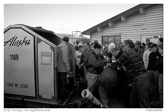 Baggage claim, King Salmon. Katmai National Park (black and white)