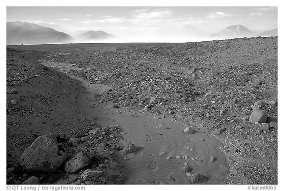 Animal tracks in ash, Valley of Ten Thousand smokes. Katmai National Park (black and white)