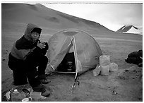 Camping on the bare terrain of the Valley of Ten Thousand smokes. Katmai National Park, Alaska (black and white)