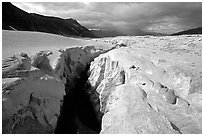 Deep gorge carved by the Lethe river in the ash-covered floor of the Valley of Ten Thousand smokes. Katmai National Park, Alaska, USA. (black and white)