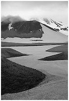 Snow is still present in early summer, Valley of Ten Thousand smokes. Katmai National Park, Alaska, USA. (black and white)