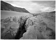 Gorge carved by Lethe River ash floor of Valley of Ten Thousand smokes. Katmai National Park, Alaska, USA. (black and white)