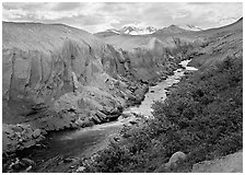 The Lethe river carved a deep gorge into the ash of the Valley of Ten Thousand smokes. Katmai National Park, Alaska, USA. (black and white)