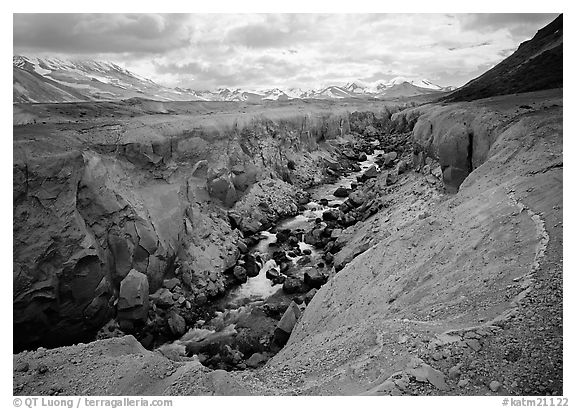 Colorful ash and Lethe River gorge, Valley of Ten Thousand smokes. Katmai National Park (black and white)