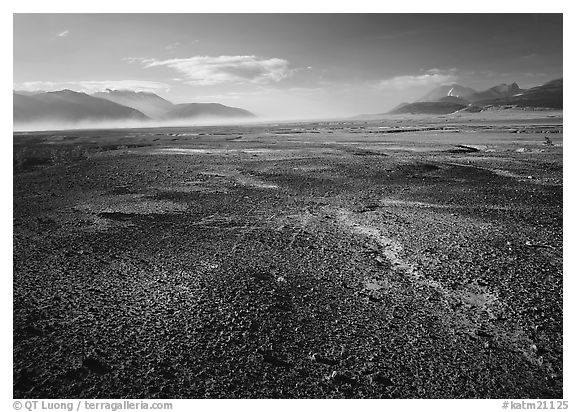 Ash-covered floor of the Valley of Ten Thousand Smokes, evening. Katmai National Park (black and white)