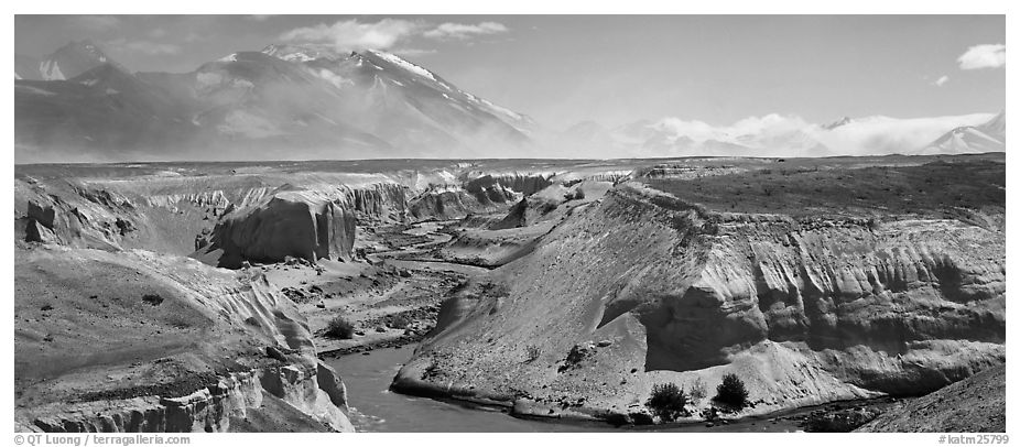 Gorge cut in volcanic ash plain, Valley of Ten Thousand Smokes. Katmai National Park (black and white)