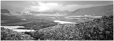 Volcanic landscape with pumice hills surrounding ash valley. Katmai National Park (Panoramic black and white)