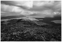 Tundra above lakes and distant rain showers. Katmai National Park ( black and white)