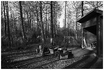 Tents, fire ring, and shelter, Brooks Camp campground. Katmai National Park ( black and white)