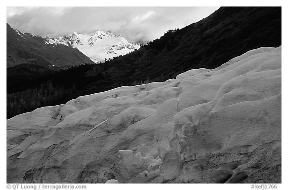 Alaskan Glacier seen from the side, and peaks. Kenai Fjords National Park (black and white)