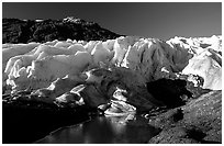 Frozen glacial pond and front of Exit Glacier, early morning. Kenai Fjords National Park, Alaska, USA. (black and white)