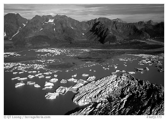 Aerial view of Bear Glacier and lagoon. Kenai Fjords National Park (black and white)