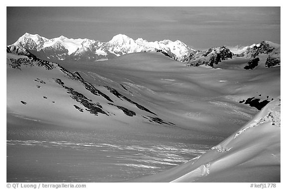 Aerial view of Harding icefield. Kenai Fjords National Park (black and white)