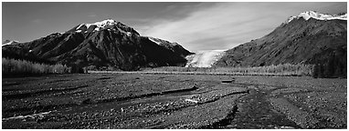 Streams on gravel bar with glacier in the distance. Kenai Fjords National Park (Panoramic black and white)