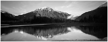 Mountains and glacier reflected in river. Kenai Fjords  National Park (Panoramic black and white)