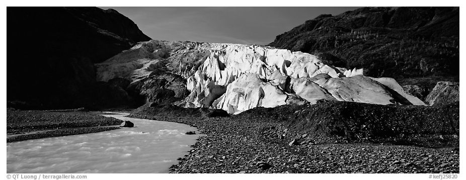Glacial stream and Exit Glacier, 2000. Kenai Fjords National Park (black and white)