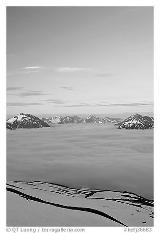 View from the Harding Icefield trail at sunset. Kenai Fjords National Park (black and white)