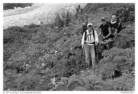 Women carrying infants on trail. Kenai Fjords National Park (black and white)