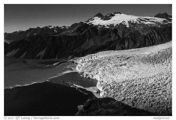 Aerial View of Aialik Glacier and mountains. Kenai Fjords National Park (black and white)