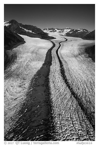 Aerial view of Bear Glacier with crevasses and lateral moraines. Kenai Fjords National Park (black and white)