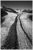 Aerial view of Bear Glacier with crevasses and lateral moraines. Kenai Fjords National Park ( black and white)