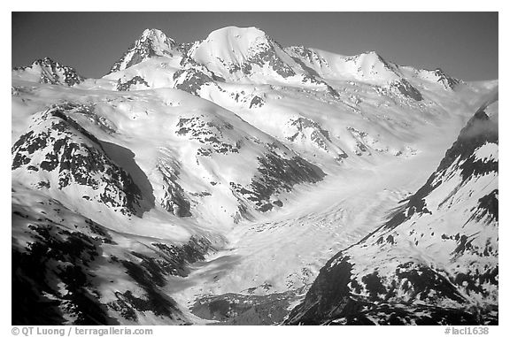 Aerial view of snowy mountains near Lake Clark Pass. Lake Clark National Park (black and white)