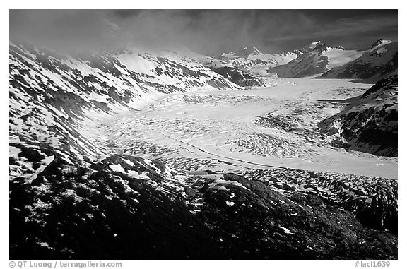 Aerial view of wide glacier near Lake Clark Pass. Lake Clark National Park (black and white)
