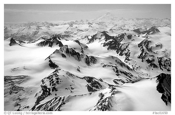 Aerial view of snowy peaks, Chigmit Mountains. Lake Clark National Park (black and white)