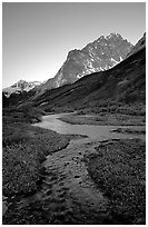 Stream on plain  below the Telaquana Mountains, late afternoon. Lake Clark National Park, Alaska, USA. (black and white)