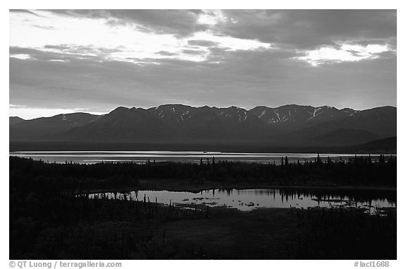 Lake Clark from the base of Tanalian mountain, sunset. Lake Clark National Park, Alaska, USA.