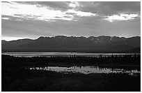 Lake Clark from the base of Tanalian mountain, sunset. Lake Clark National Park, Alaska, USA. (black and white)