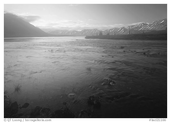 Outlet stream of Twin Lakes on a foggy morning. Lake Clark National Park (black and white)