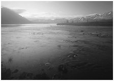 Outlet stream of Twin Lakes on a foggy morning. Lake Clark National Park ( black and white)