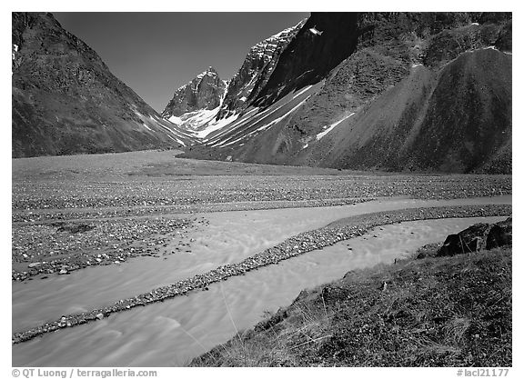 Wide stream at the junction of valleys below the Telaquana Mountains. Lake Clark National Park (black and white)