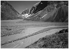 Wide stream at the junction of valleys below the Telaquana Mountains. Lake Clark National Park, Alaska, USA. (black and white)