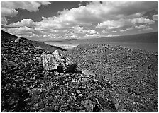 Boulder field and Turquoise Lake. Lake Clark National Park ( black and white)