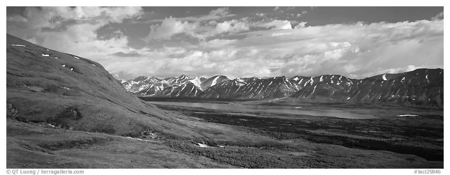 Verdant tundra landscape in the summer with lake and mountains. Lake Clark National Park (black and white)