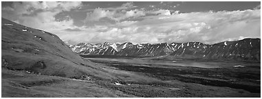 Verdant tundra landscape in the summer with lake and mountains. Lake Clark National Park (Panoramic black and white)